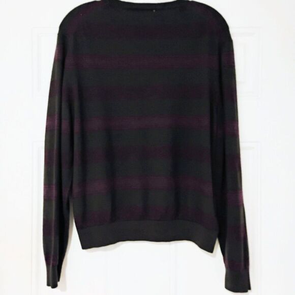 Calvin Klein Women's Sweater Crew Neck Merino Wool Stripe Soft Olive Eggplant L - Picture 3 of 11
